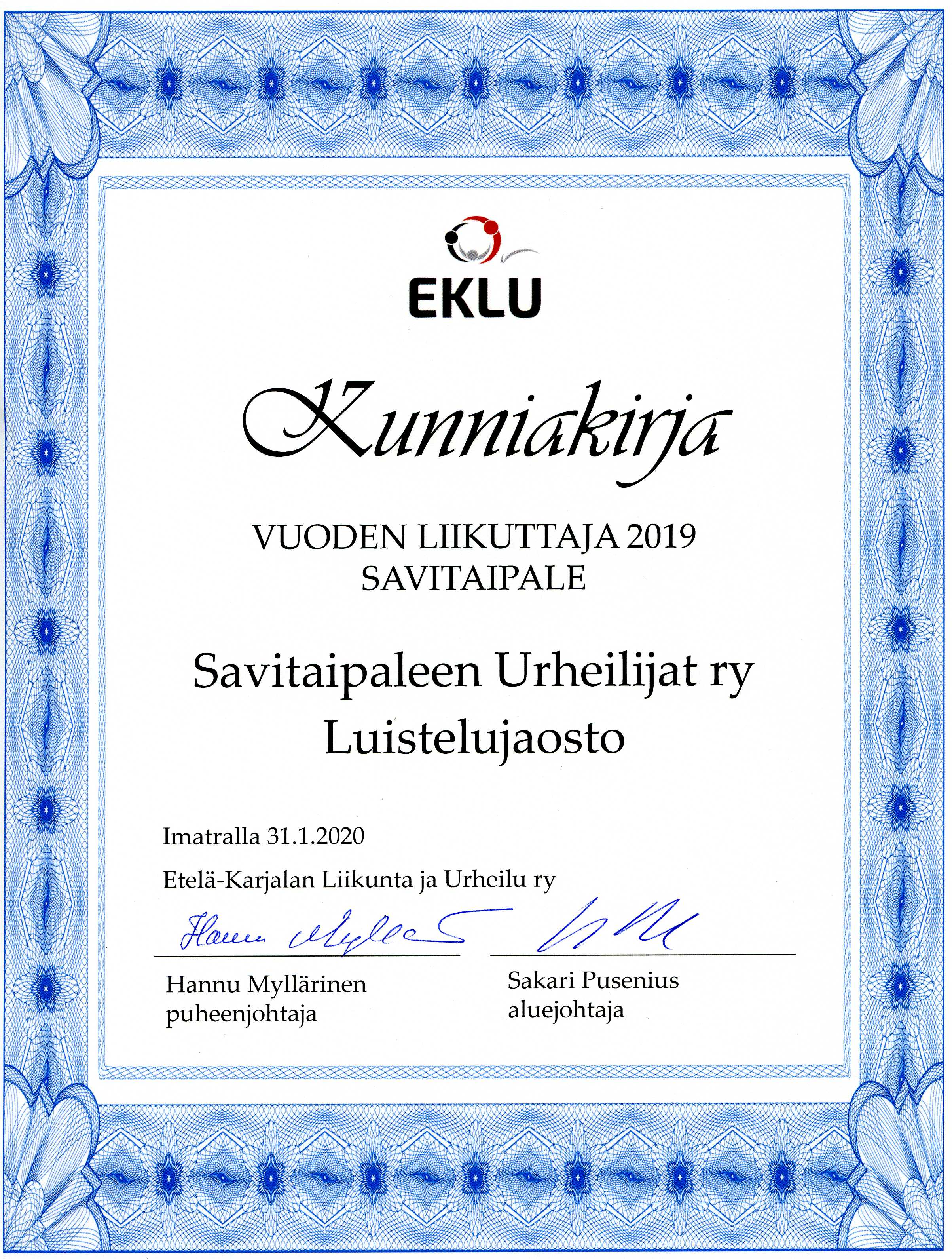 EKLU Vuoden liikuttaja 2019 Savitaipale